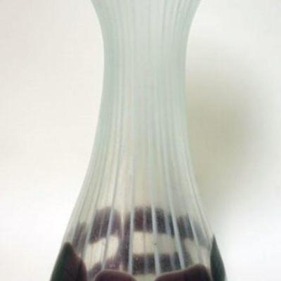 1130	BOHEMIAN ART GLASS STRIPED IREDESCENT FLAIVEL VASE W/AMETHYST CLAM BOTTOM, SIGNED ON BOTTOM, APPROXIMATELY 12 IN HIGH
