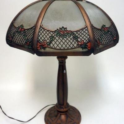 1143	CAST METAL PARLOR LAMP W/RIBBED GLASS PANEL SHADE
