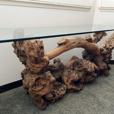 1960s Burl Wood Console Table With Glass Top