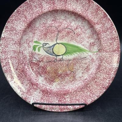 Antique English Red Spatterware Peafowl Plate