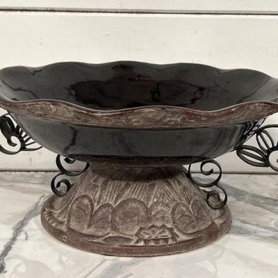 Ceramic Pottery & Metal Large 15in Pedestal Bowl