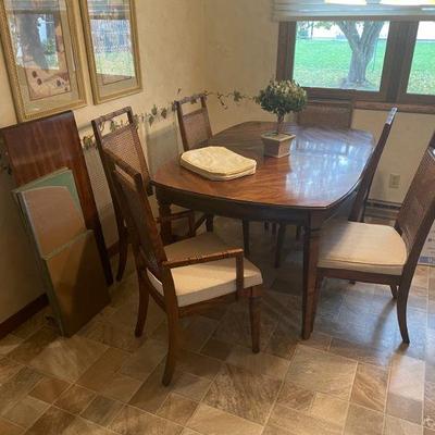 6 cane back chairs table and leaf and table pads
