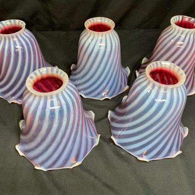 5 Antique Glass Cranberry & White Swirl Shades

