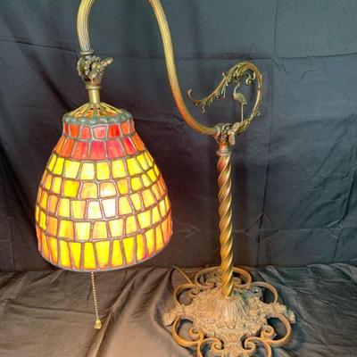 Antique Brass Adjustable Leaded Glass Lamp
