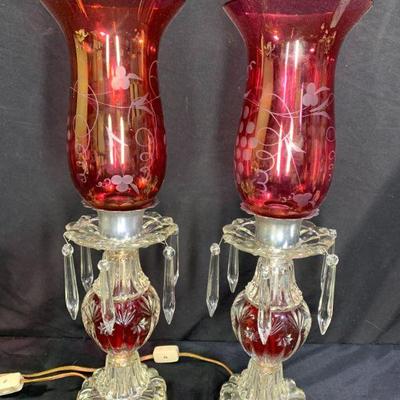 Pair of Vintage Cranberry & Clear Glass Lamps