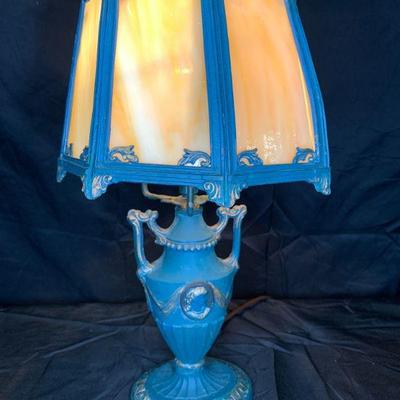 Bradley & Hubbard School Blue Slag Glass Lamp
