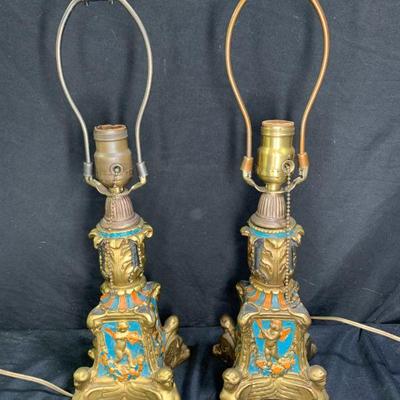 Pair Painted Brass Cupid Bedside Lamp Base
