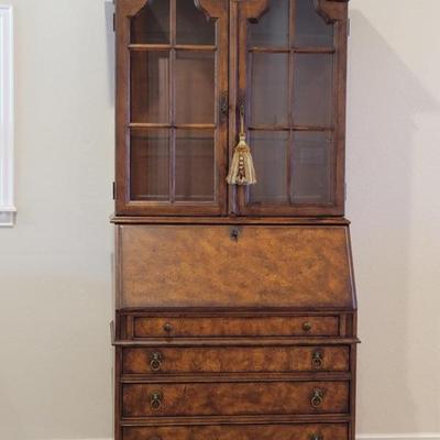 Burled Walnut Secretary Desk w/ Lighted Display