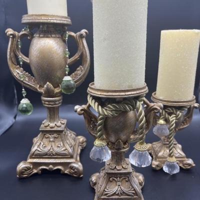 3- Boujee Wooden Pillar Candle Holders w Baubles & Pillar Candles - Bronze Tone