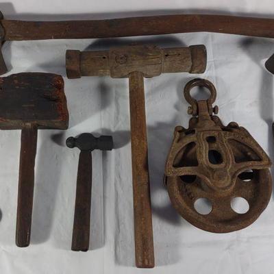 Antique Mallets, Pulley, Sheers & Hand Tools