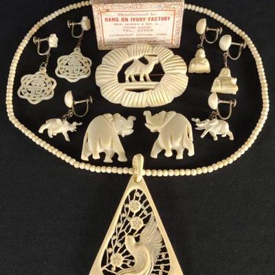 Vintage Carved Bone Jewelry, Earrings, Brooch ect.