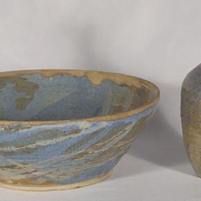 2 pc Blue Stoneware Studio Pottery Vase & Bowl
