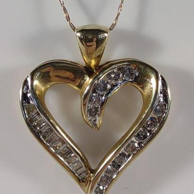 10K Gold Baguette & Round Diamond Heart Necklace