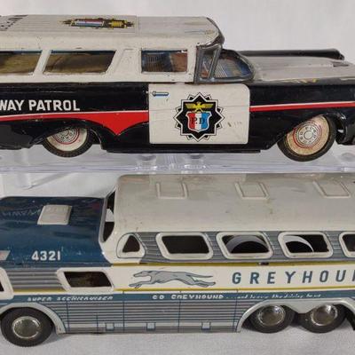 Tin Litho Scenicruiser Greyhound Bus & Patrol Car