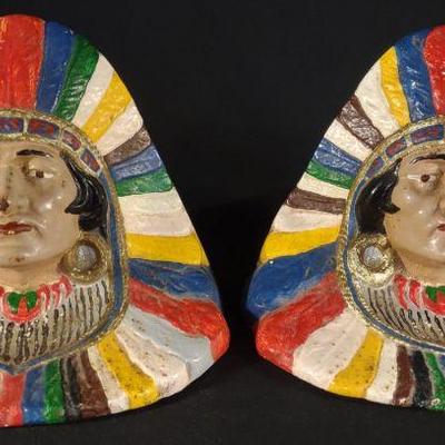 Native American Headdress Cast Iron Bookends