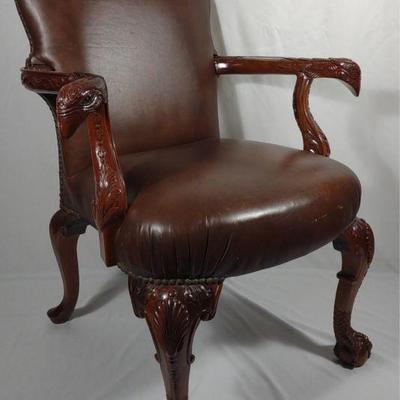Mahogany Carved Eagle Arm Chair w/ Leather
