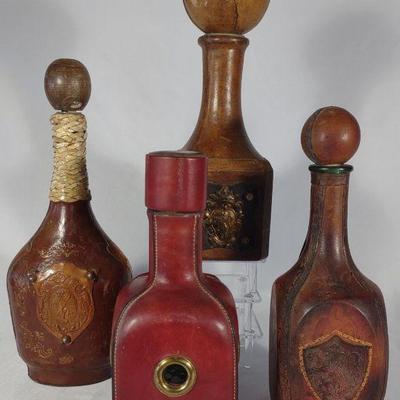 4 Vintage Italian Leather Wrapped Decanters