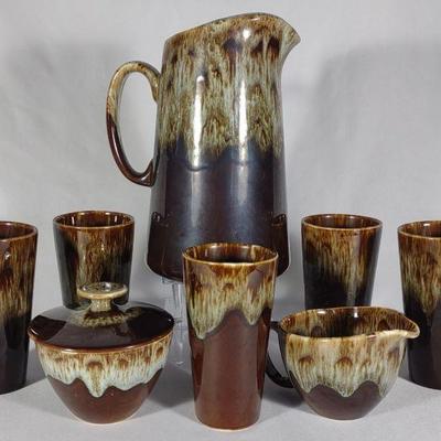 8 pc USA Brown Drip Glaze Pottery Pitcher Cup Set