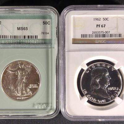 1942 & 1962 50c MS65 NTC & PF67 NGC Coins