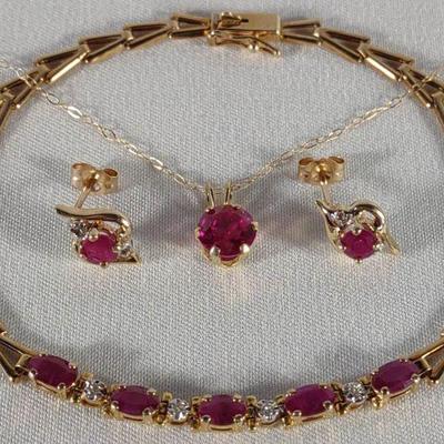 14K Gold Ruby Necklace 10K Earrings & Bracelet