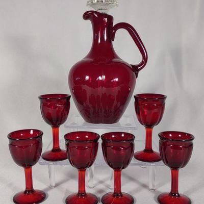 7 pc Ruby Red Stemware Glasses & Decanter Pitcher