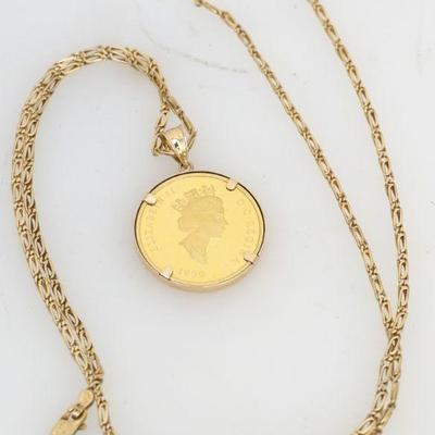 14KT GOLD COIN PENDANT ON 18KT GOLD CHAIN