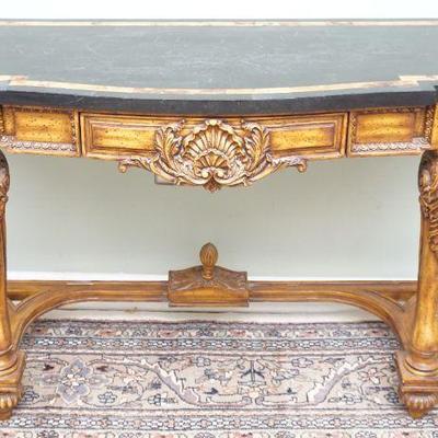 ITALIAN CARVED CONSOLE TABLE WITH BLACK MARBLE INLAID TOP