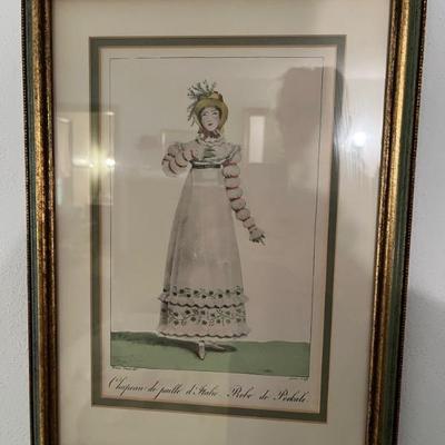 set of six antique French hand colored engravings, beautiful frames