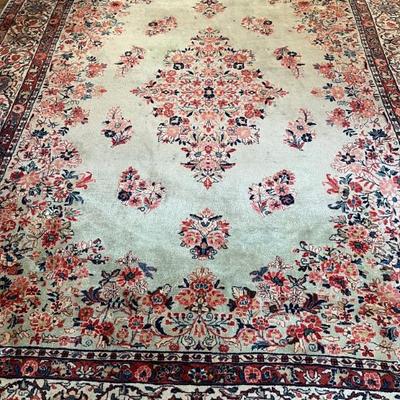 pale green Kerman style Persian rug, red and coral, 10x12