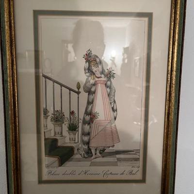 set of six antique French hand colored engravings, beautiful frames