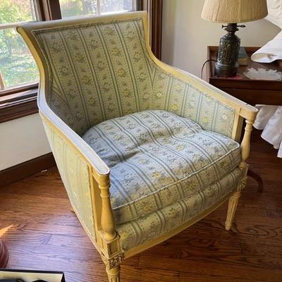 adorable mid century French Provincial style chair with blue fabric and a down cushion