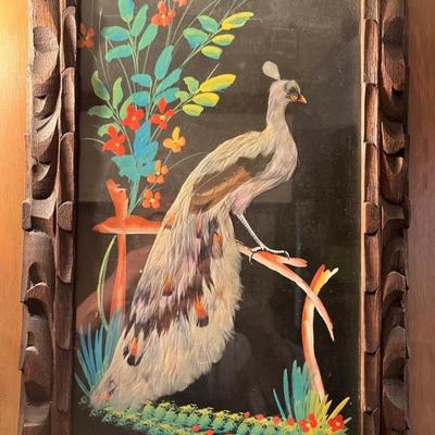 fun mid century painting of a bird with real feathers