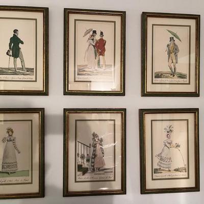 set of six antique French hand colored engravings, beautiful frames
