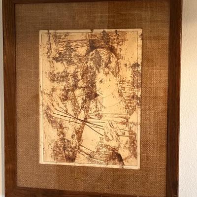 etching of a boy playing Cat's Cradle, signed Rosen