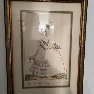 set of six antique French hand colored engravings, beautiful frames