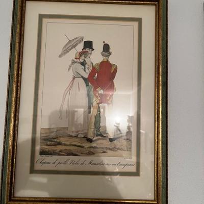 set of six antique French hand colored engravings, beautiful frames