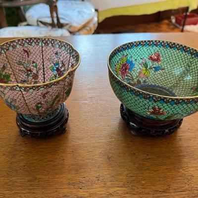 pair of vintage glass cloisonnÃ© bowls