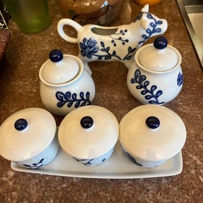 blue and white cow pitcher, etc