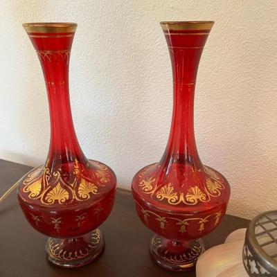 pair of antique ruby glass vases