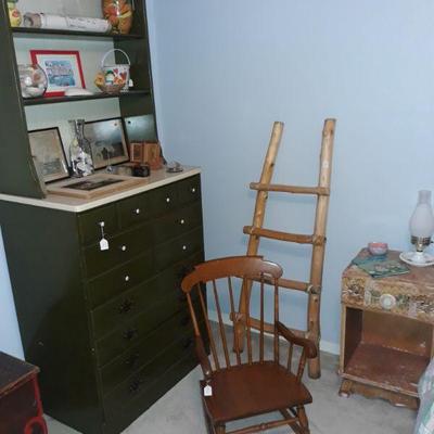 Vintage Ethan Allen bookcase, S. Bent child"s rocker, Pueblo ladder, and nightstand that matches bed and chest of drawers