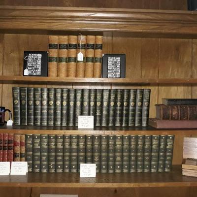 Leather bound books and book sets including Harvard Classics and Charles Dickens 