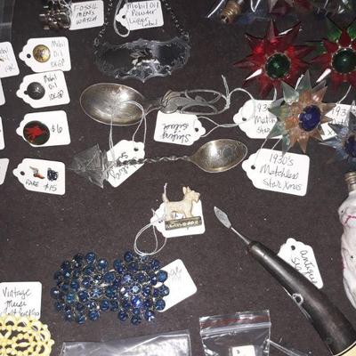 Sterling spio s, vintage jeweled buttons, antique sewing tools, and more