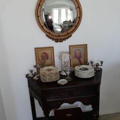 Eastlake entry table and 1960's convex nautical mirror 