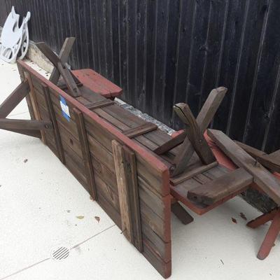 Picnic table and benches. Table leg needs repair 