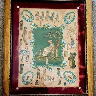 Antique Framed 19th Century Kate Greenway Scrapbook Page