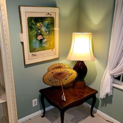 Lebadang Signed Print, Chinese Umbrella, Seguso Lamp, Queen Anne Side Table