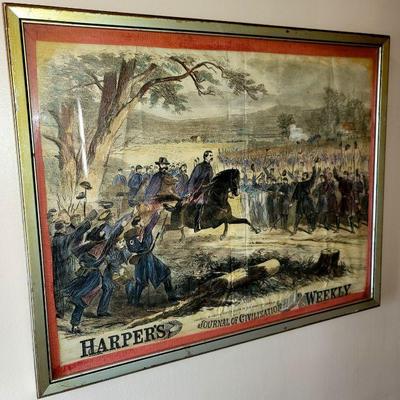Old Framed Harper's Weekly Hand Tinted Centerfold