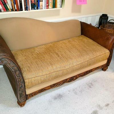 Contemporary Carved Wood, Woven Rattan, and Chenille Chaise