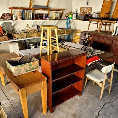 Pine Sofa Table, Mahogany Bookshelf, 50s Chair, Stool, Miscellaneous Household