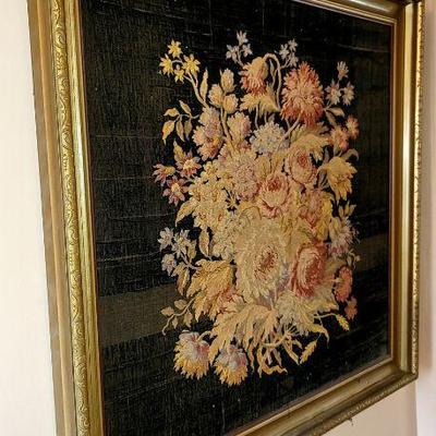 Antique Floral Embroidery Panel on Wood, Framed, As Is